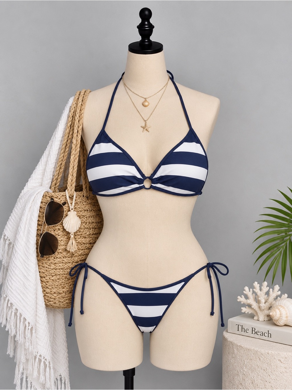 Body Glove Navy and White Striped Triangle Bikini Top